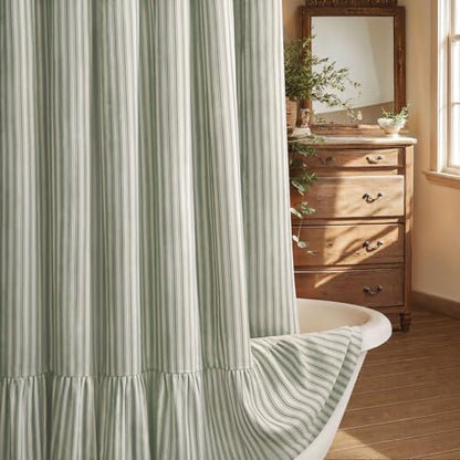 Farmhouse Shower Curtain Ruffle Linen Cream-Green Stripe 60"W x 72"L