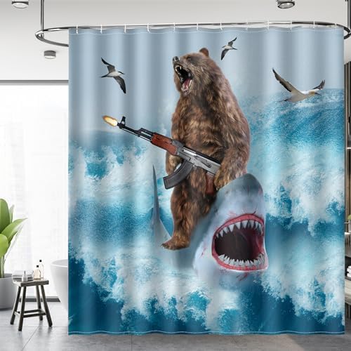 Funny Shark Bear Shower Curtain - Fun Bear Riding Shark in Ocean Wave Cool Shower Curtains Set with 12 Hooks for Adults Wild Bathroom Decor Accessories, 72"x72", Blue Brown