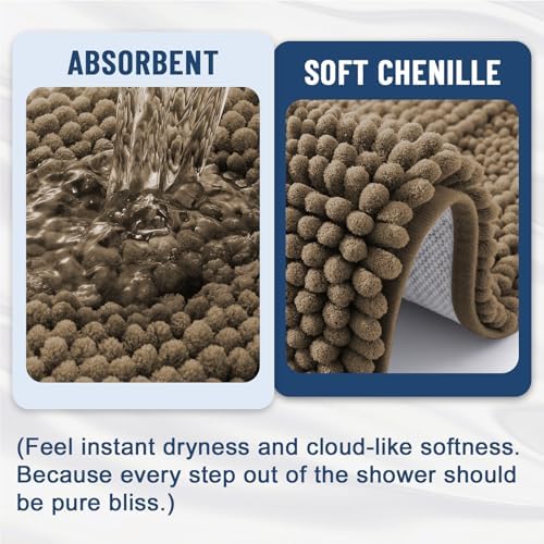 Grandaily Chenille Striped Bathroom Rugs 30x20, Extra Thick and Absorbent Bath Mats, Non-Slip Soft Plush Shaggy Shower Carpet, Machine Wash Dry, Bath Rug for Bathroom, (Medium, Camel)