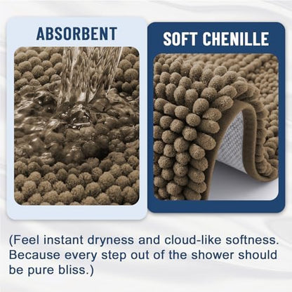 Grandaily Chenille Striped Bathroom Rugs 30x20, Extra Thick and Absorbent Bath Mats, Non-Slip Soft Plush Shaggy Shower Carpet, Machine Wash Dry, Bath Rug for Bathroom, (Medium, Camel)