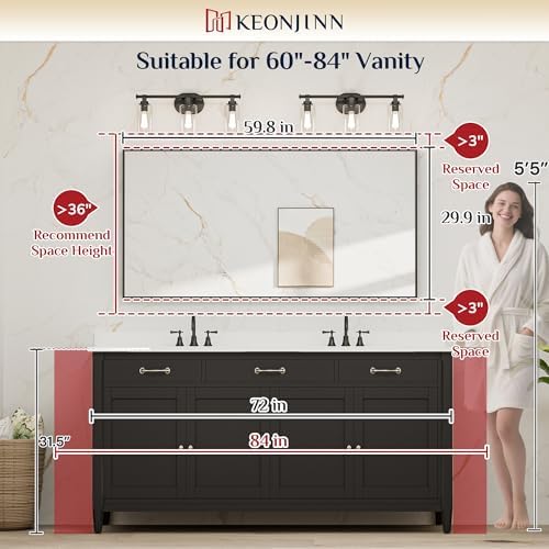 Keonjinn 60x30 Inch Black Bathroom Mirror for Over Sink, HD Tempered Glass