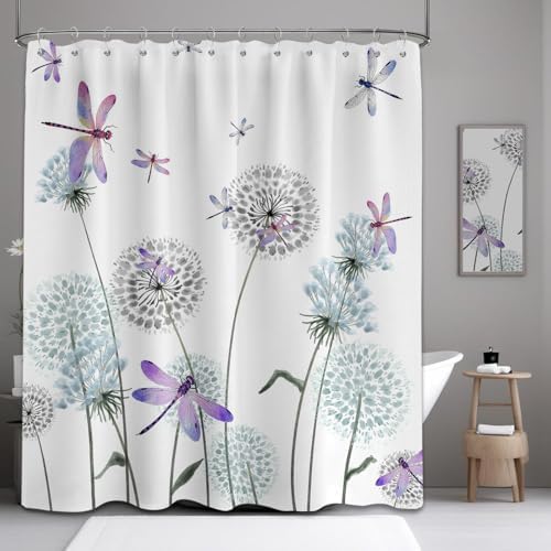 Dandelion Shower Curtain Purple Dragonfly Grey White Shower Curtains for Bathroom Decor, Waterproof Cloth Fabric with Hooks 70" W x 72" L