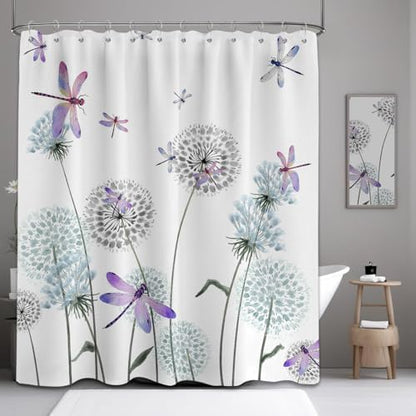 Dandelion Shower Curtain Purple Dragonfly Grey White Shower Curtains for Bathroom Decor, Waterproof Cloth Fabric with Hooks 70" W x 72" L