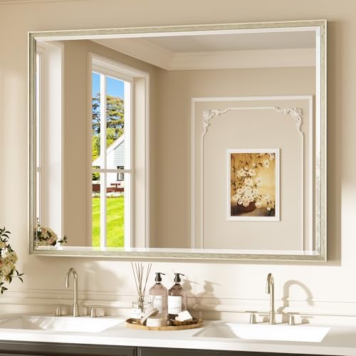 Keonjinn 48"x36" Brushed Nickel Bathroom Vanity Mirror Wall, Aluminum Alloy