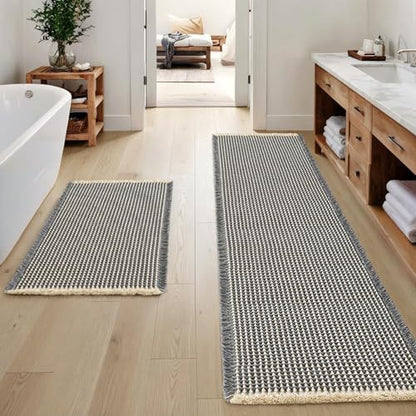 MIULEE Set of 2 Waffle Bathroom Rugs Dark Grey&Yellow 17"x24"+17"x48"