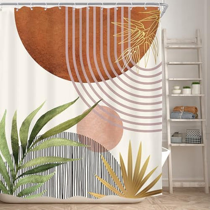 Mid Century Green Boho Abstract Modern Brown Bathroom Shower Curtain Set