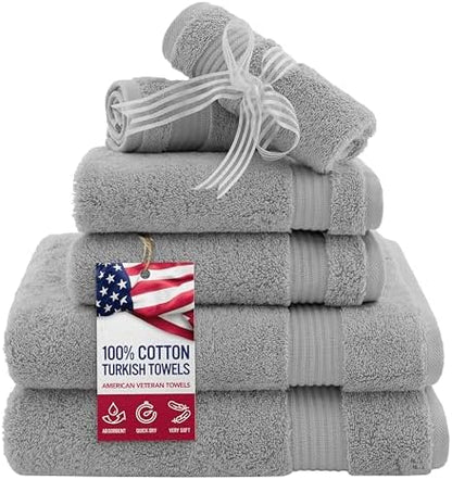 American Veteran Towel, 6 Piece Towel Set for Bathroom, 100% Cotton Turkish Bathroom Towels, 2 Bath Towels 2 Hand Towels 2 Washcloths, Cool Grey
