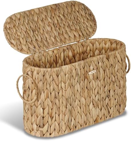 efluky Toilet Paper Storage Basket, Water Hyacinth Slim Toilet Paper Holder with Lid- Holds Up to 9 Mega Rolls, Home Bathroom Decor Organizer
