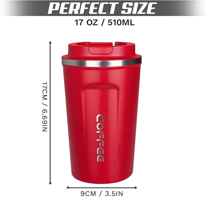 SPLMIFA Travel coffee mugs leak-proof, reusable coffee cup with lid, stainless steel vacuum insulated coffee tumblers, thermal insulation cups for men & women keep drinks hot & cold (2nd-Red, 17OZ)