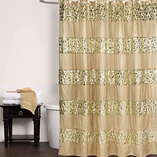 Zahari Home 13pc Sinatra Bathroom Shower Curtain Set - Gold Curtain & 12 Champagne Hooks - Luxury Fabric Bling Unique Beautiful Set