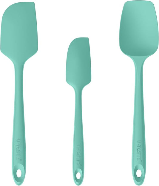 U-Taste Silicone Baking Spatula Set: 480ºF High Heat Resistant, Food Grade Flexible Rubber Kitchen Cooking Mixing Scraper, Food Grade Seamless Utensil for Nonstick Cookware Set of 3 (Aqua Sky)