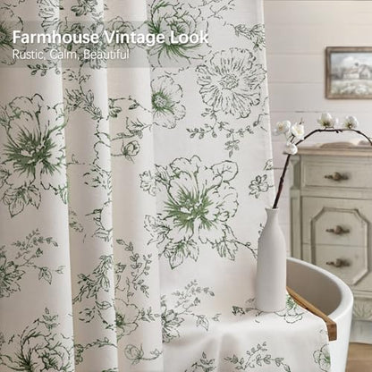 Farmhouse Floral Vintage Shower Curtain for Bathroom, Green and White