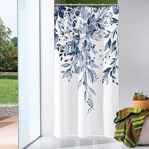 Gibelle Navy Eucalyptus Shower Curtain, Watercolor Floral Print, 36x72