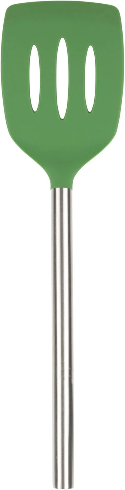 Tovolo Slotted Silicone Spatula Turner Slotted Stainless Steel Handle 10" Pesto Green Heat Resistant Non Toxic BPA Free Kitchen Utensil, Silicone Egg Pancake Flipper Metal Handle Turner for Cooking