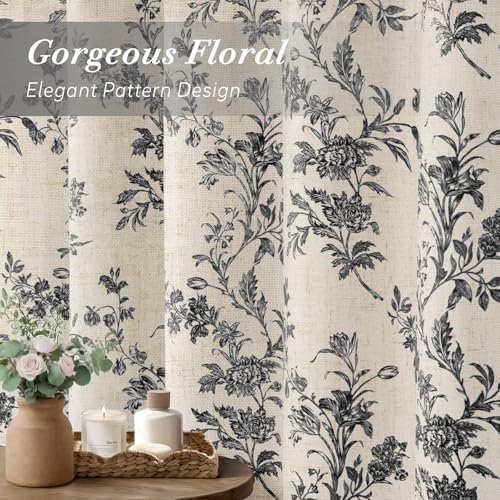 Black Floral Shower Curtain,Vintage Linen Beige Cottagecore Shower Curtains for Bathroom, 72" W x 78" L