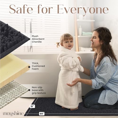 MAYSHINE Plush Shaggy Chenille Bath Mat | Extra Soft, Super Absorbent, Non-Slip Bathroom Rug | Fluffy Microfiber, Area Rug Sets for Bathroom Floor, Kitchen, Living Room | 59"x31" | Black