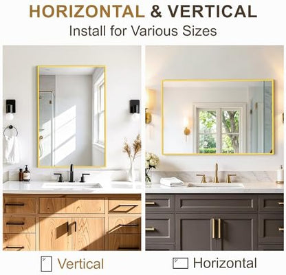 Rectangular Bathroom Mirror, 30"x20" Gold Metal Framed Vanity Mirror