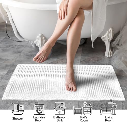 ZALL Waffle Bath Mat White Super Absorbent Non Slip Bathroom Rug 24x48inch,Machine Washable Ultra Soft Floor Mats