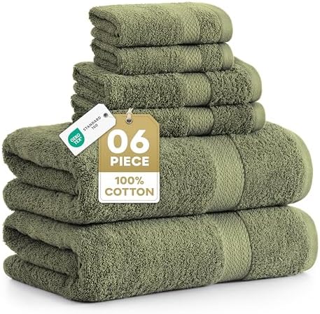 LANE LINEN Bath Towel Set 100% Cotton 6 Piece Soft Absorbent - Oil Green
