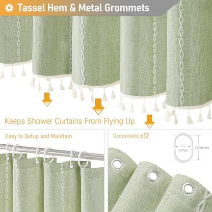 BTTN 72x84 Long Boho Farmhouse Linen Heavy Duty Shower Curtain, Sage Green