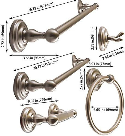SENTO ROBIKI Nickel Bathroom Accessories Set, Bath Hardware, Includes Robe Hook, Toilet Paper Holder, Towel Ring, 18” & 24” Towel Bar, Duty Metal Bath Hardware Set Wall Mounted (5-Piece, Satin Nickel)