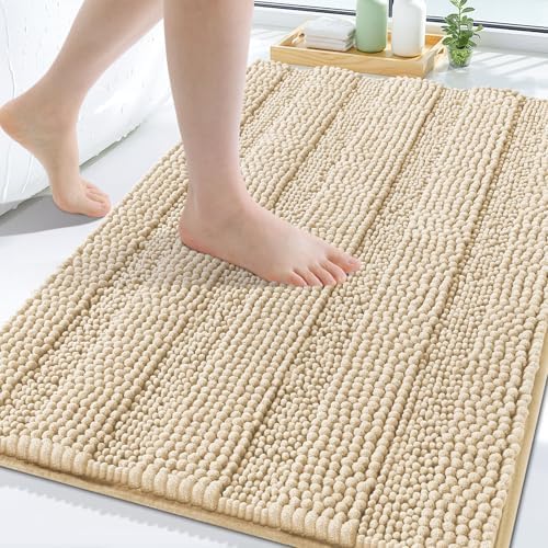 Grandaily Chenille Striped Bathroom Rugs 47x32, Extra Thick and Soft Absorbent Bath Mats, Rubber Backing, Plush Shaggy Shower Carpet, Machine Wash Dry, Bath Rug for Bathroom, Light Beige
