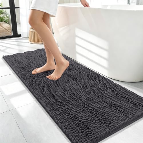 OLANLY Thick Bathroom Runner Rugs 47x17, Soft Chenille Bath Rugs, Dark Grey