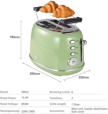 Wiltal Toaster Retro 2 Slice, Vintage Green Toaster with Lid, with Bread Attachment, Preheat, Defrost And Cancel Functions, 6 Browning Levels (Green)