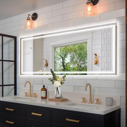 Ratsamee 72x32 Inch Led Mirror for Bathroom with Front Light and Backlit, Bathroom Mirror with Led Lights, Vanity Mirror with Lights for Wall, Anti-Fog, Dimmable, Memory Function, Tempered Glass