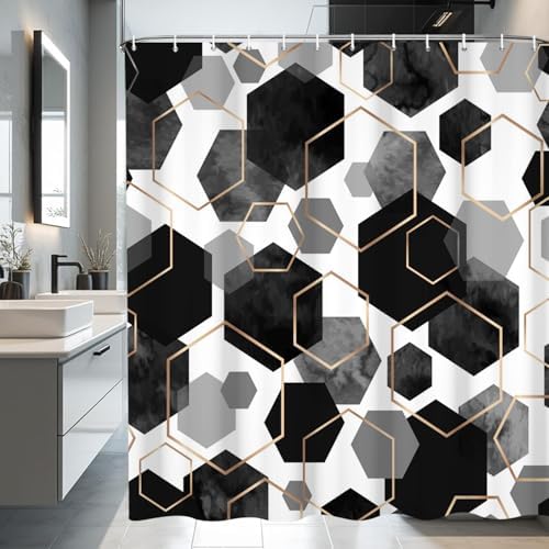deFouliao Black Shower Curtain Modern Abstract Geometric Grid Bathroom Curtain Sets for Bathtub Home Art Decor, Waterproof Fabric Washable with Hooks, 72x78 Inch