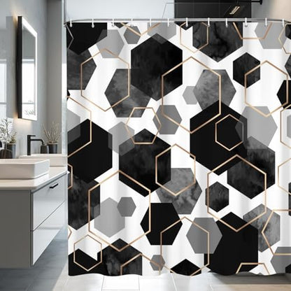 deFouliao Black Shower Curtain Modern Abstract Geometric Grid Bathroom Curtain Sets for Bathtub Home Art Decor, Waterproof Fabric Washable with Hooks, 72x84 Inch