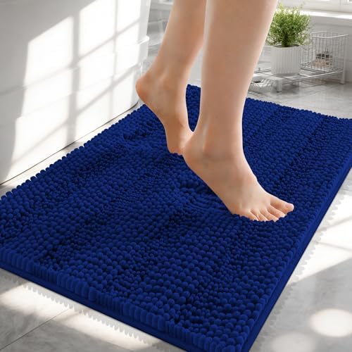 OLANLY Thick Small Bathroom Rugs 24x16, Soft Chenille Bath Rugs, Navy