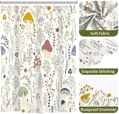 deFouliao Mushroom Shower Curtain, Boho Floral Waterproof Shower Curtain for Bathroom Bathtub Home Curtain Decor with Hooks, Machine Washable, 65''Wx72''L