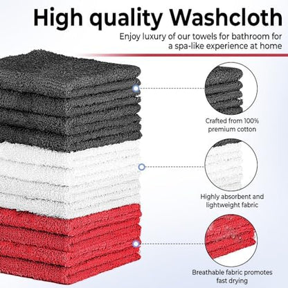 QUBA LINEN 100% Cotton Washcloth Set – Soft, Absorbent Face Towels for Bathroom & Gym Use – Durable & Reusable Wash Cloths - Dark Grey, White & Burgundy, 12x12 Inches, Pack of 12