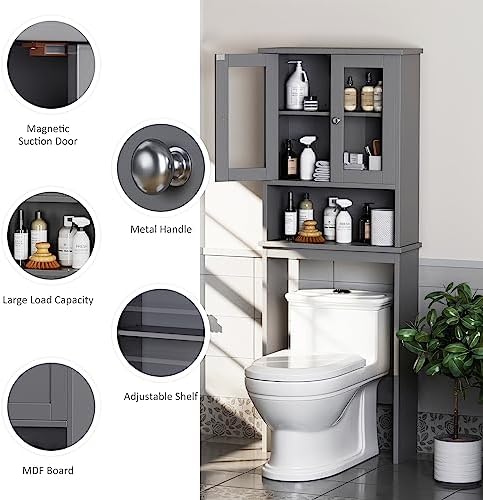 Over the Toilet Storage Cabinet, Bathroom Storage Cabinet Over Toilet, Space Saver with 2 Tempered Glass Doors, Grey