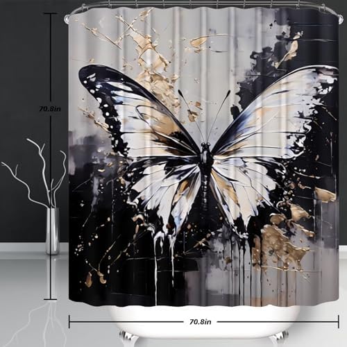 Chrainy 4pcs White Butterfly Shower Cutain Set Bathroom Decor with Rugs