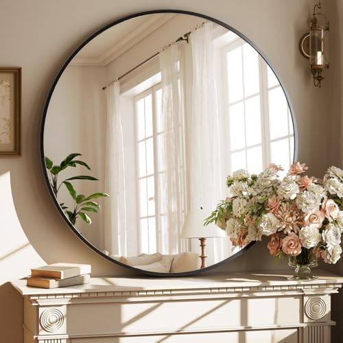 XRAMFY 40 Inch Round Mirror - Black Circle Mirrors for Bathroom, Entryway