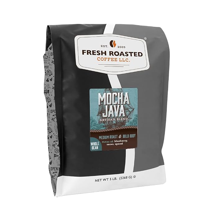 Fresh Roasted Coffee, Mocha Java Whole Bean Coffee, Medium Roast, Kosher, 5 lb (80 oz)