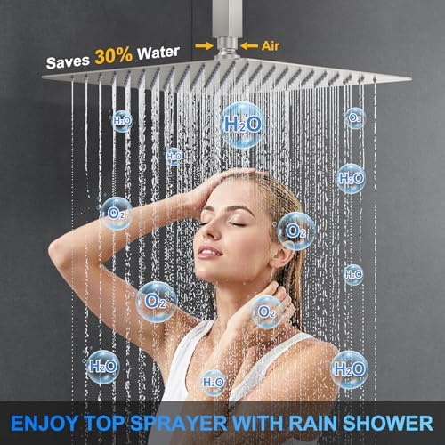 Shower Faucet Set, 12" Ceiling Mount Rainfall Shower System with 2 Rain Shower Head and Multi-function Handheld Head Push Button Diverter Shower Faucet Trim Kit (12", Brushed Nickel)