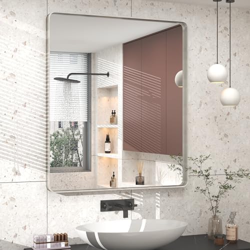 30x36 Inch Brushed Silver Bathroom Mirror for Wall