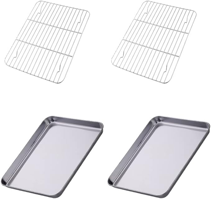Meisha Baking Sheet with Wire Rack Set [2 Pans + 2 Tier Racks], Stainless Steel Silver Cookie Sheet Baking Trays & Cooling Rack for Cooking