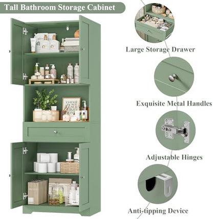 HIFIT Tall Bathroom Storage Cabinet with Drawer, Modern Linen Cabinet,Green