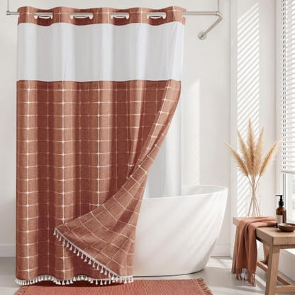 RiverDream Farmhouse No Hook Shower Curtain with Snap-in Liner,Orange,71x74