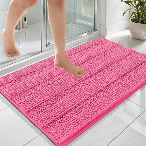 OLANLY Thick Bathroom Rugs 36x24, Soft Chenille Striped Bath Rugs, Hot Pink