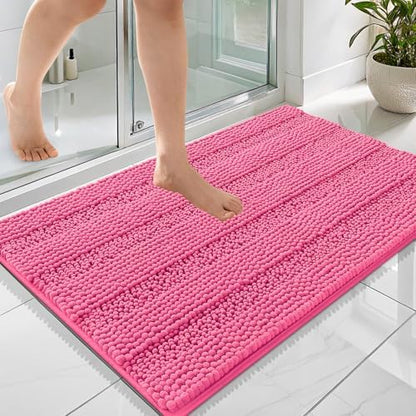 OLANLY Thick Bathroom Rugs 36x24, Soft Chenille Striped Bath Rugs, Hot Pink