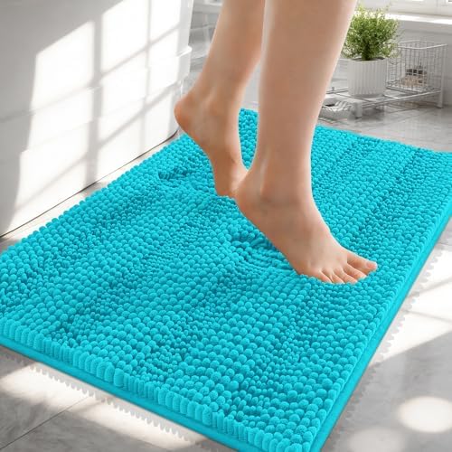 OLANLY Thick Small Bathroom Rugs 24x16, Soft Chenille Bath Rugs, Aqua Sky