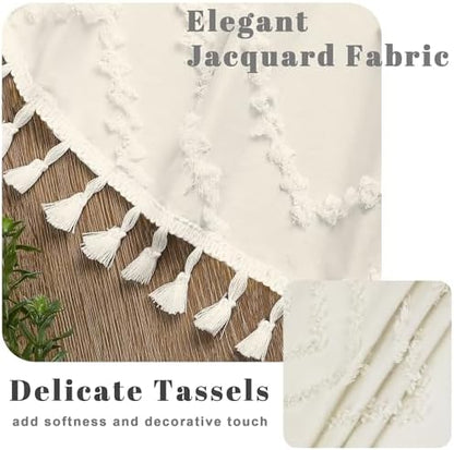 OWENIE Boho Shower Curtain, Beige Fabric Cloth Shower Curtains Farmhouse Tufted Chevron Striped Textured with Tassel for Bathroom, Soft Hotel Style Modern Minimalist, Machine Washable, 72x72, Beige