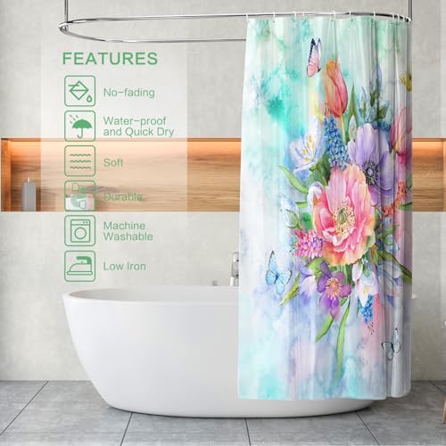 Floral Shower Curtain, Watercolor Flowers Shower Curtain Summer Blooming Flowers Painting Shower Curtain Sets Waterproof Polyester Fabric Machine Washable Home Farmhouse Decor Bath Curtain