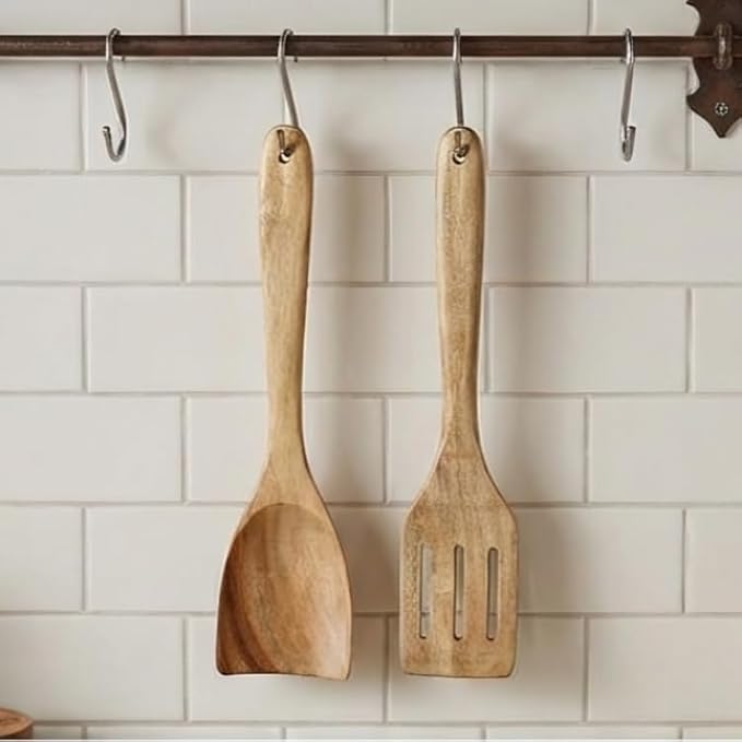 Natural Wooden Spoon Set for Cooking - 2 Piece Mango Wood Utensils Set Includes Spatula & Serving Spoons - Nonstick Safe Kitchen Tools