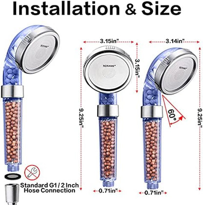 Nosame® Shower Head with Hose and Braket, Filter Filtration High Pressure Water Saving 3 Mode Function Spray Handheld Showerheads for Dry Skin & Hair
